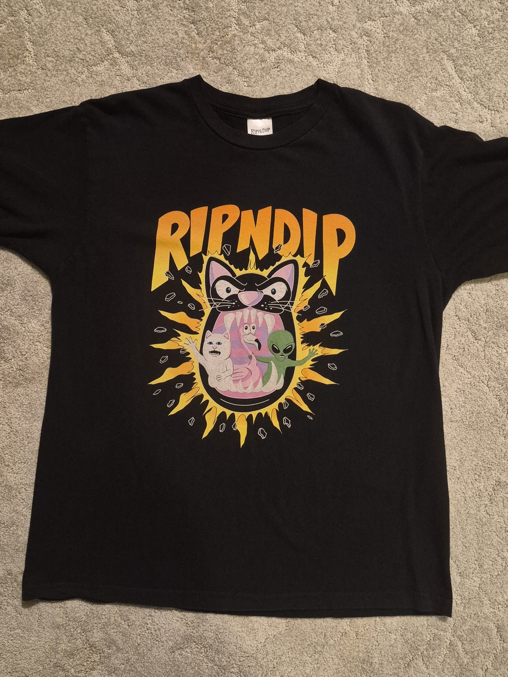 RipNDip Mens Black Graphic Tee with Colorful Cat & Alien Design